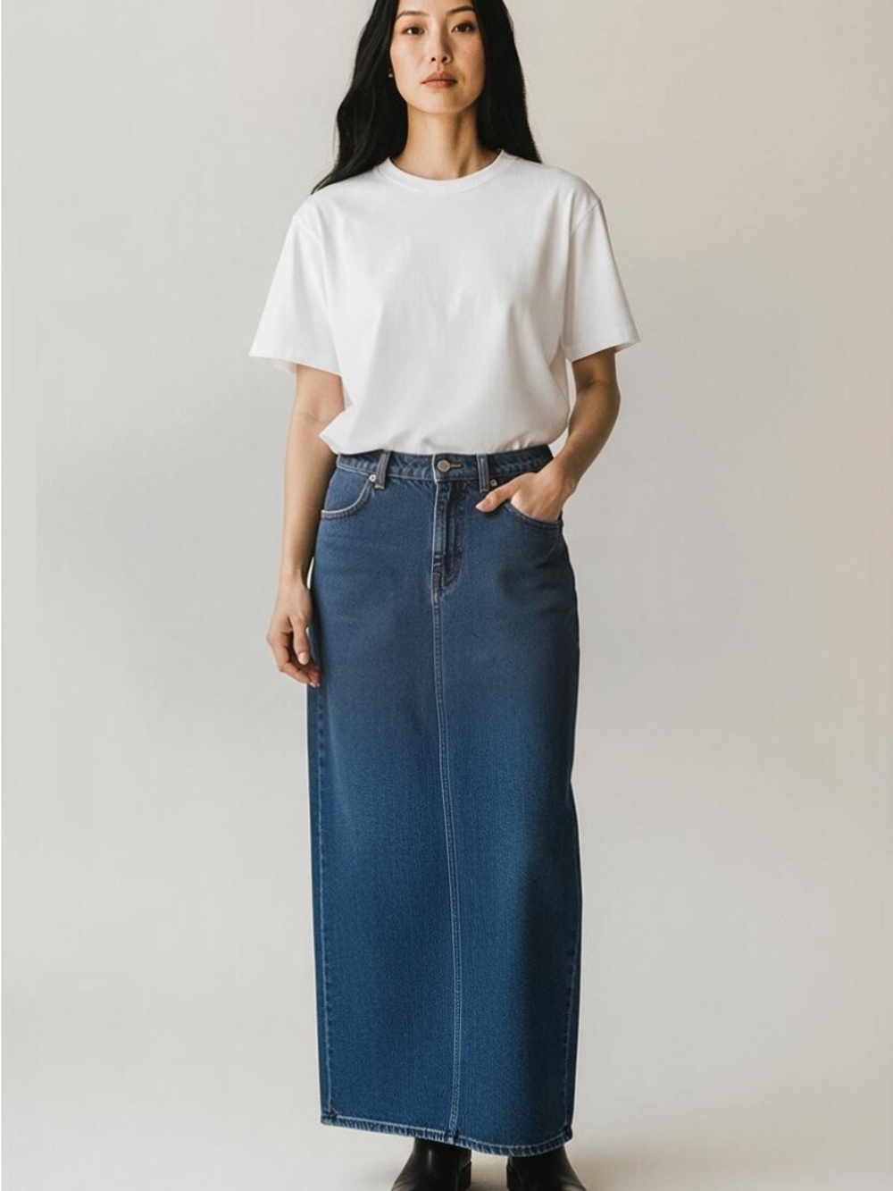 Vintage Simon Chang (12) Dark Wash Denim Maxi Skirt Back Slit 100% Cotton